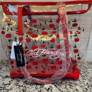 Ed Hardy Clear Tote with Cherry Design and Red Accents